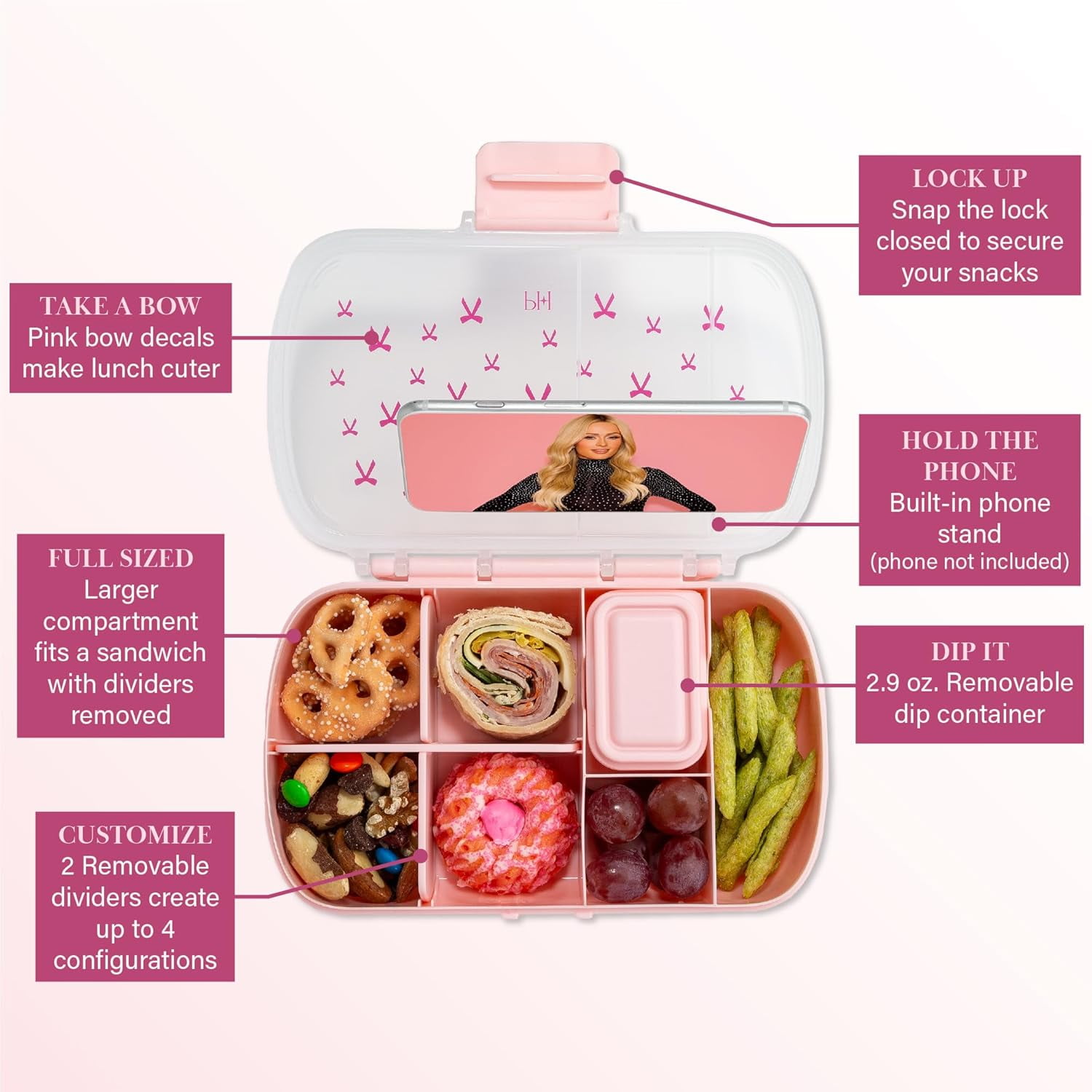 2-Pack Bento Style Snack Boxes, 7-Compartment Lunch Containers with Built-In Phone Stand, Removable Dividers and Dip Containers, Pink Bow Print