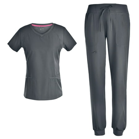 

Stretch Women Nursing Scrubs Set - V Neck Fashion Rib Scrubs Medical Uniforms Top Pants PS1116 PEWTER XXL