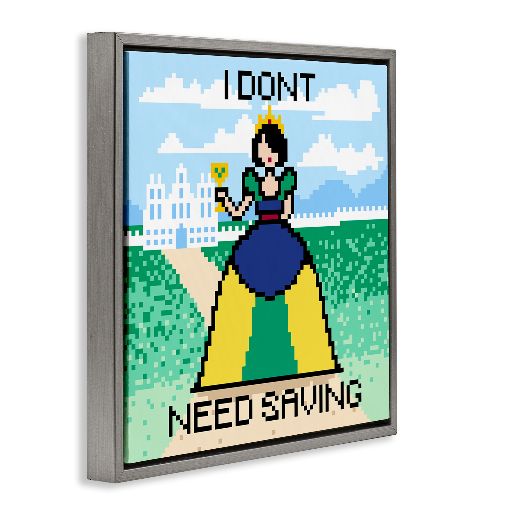 Stupell Industries Don't Need Saving Pixel Princess People Painting Gray Floater Framed Canvas Art Print Wall Art, 18 x 18