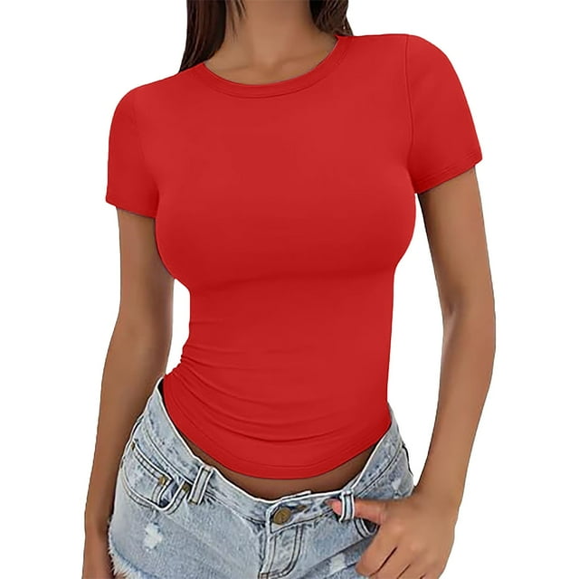 T-Shirt à Manches Courtes pour Femmes Liquidation Chemises Mélangeuses T-Shirt Court pour Femmes Chandail d'Été pour Filles Haut à Col Rond Fin pour Femmes Mode Manches Courtes