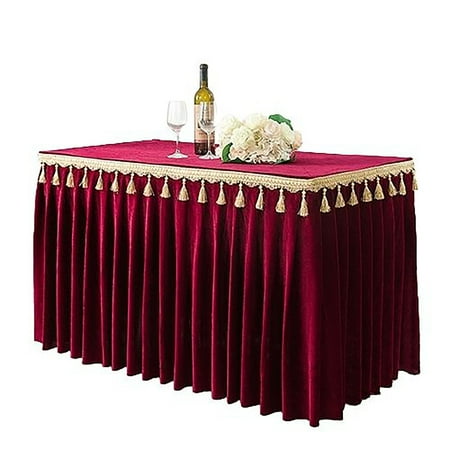 

2 Pack Solid Color Velvet Table Skirt Cloth Fitted Table Skirt With Tassel Washable Table Skirt For Birthday Halloween Christmas Banquet Activity Meeting -Claret-180x60x75cm