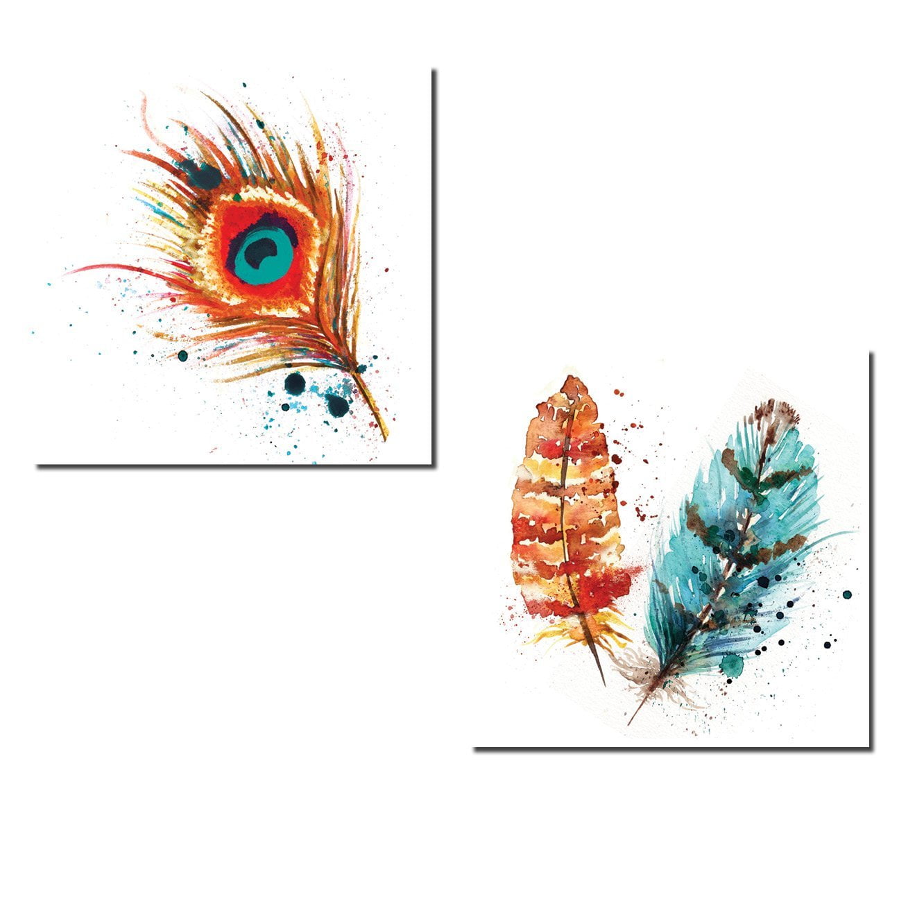 Gorgeous Teal and Orange Watercolor Style Peacock Feather Set; Two ...