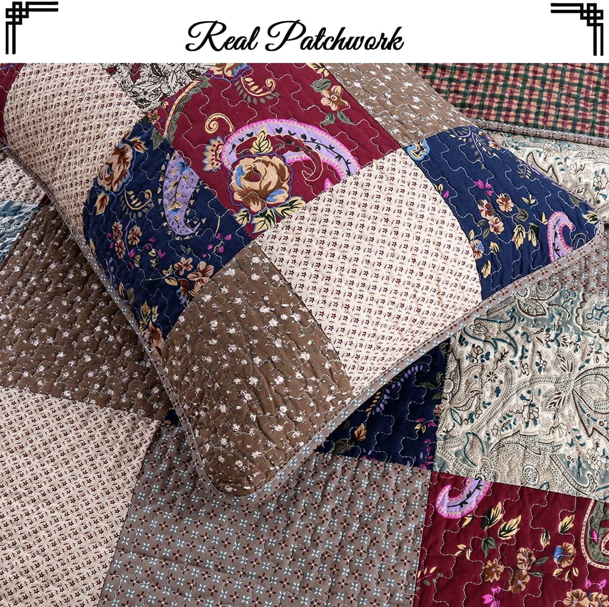 Cozy Line Home Fashions Hyler Paisley Navy Red 100% Cotton Quilt Set, King-Reversible 3 Counts