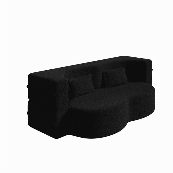 TICOZE 78 Inch Black Modern Floor Sofa with 2 Pillows, Convertible Teddy Fabric Sleeper Sofa Bed, Full Size Folding Mattress for Living Room and Guest Room