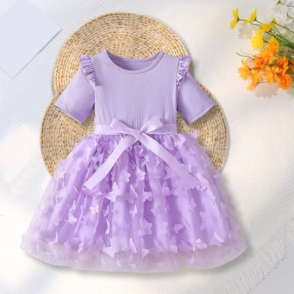 XIMIN Toddler Girl Tulle Dress Summer Ruffle Short Sleeve Baby Girls' Solid Color Crew Neck Tulle Flower Princess Wedding Dress Fashion Casual Dresses