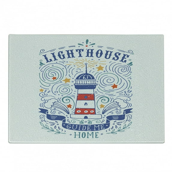 Lighthouse Cutting Board, Vintage Hand-Drawn Lighthouse Print Typography Stars Waves Branches Lettering, Decorative Tempered Glass Cutting and Serving Board, Small Size, Multicolor, by Ambesonne