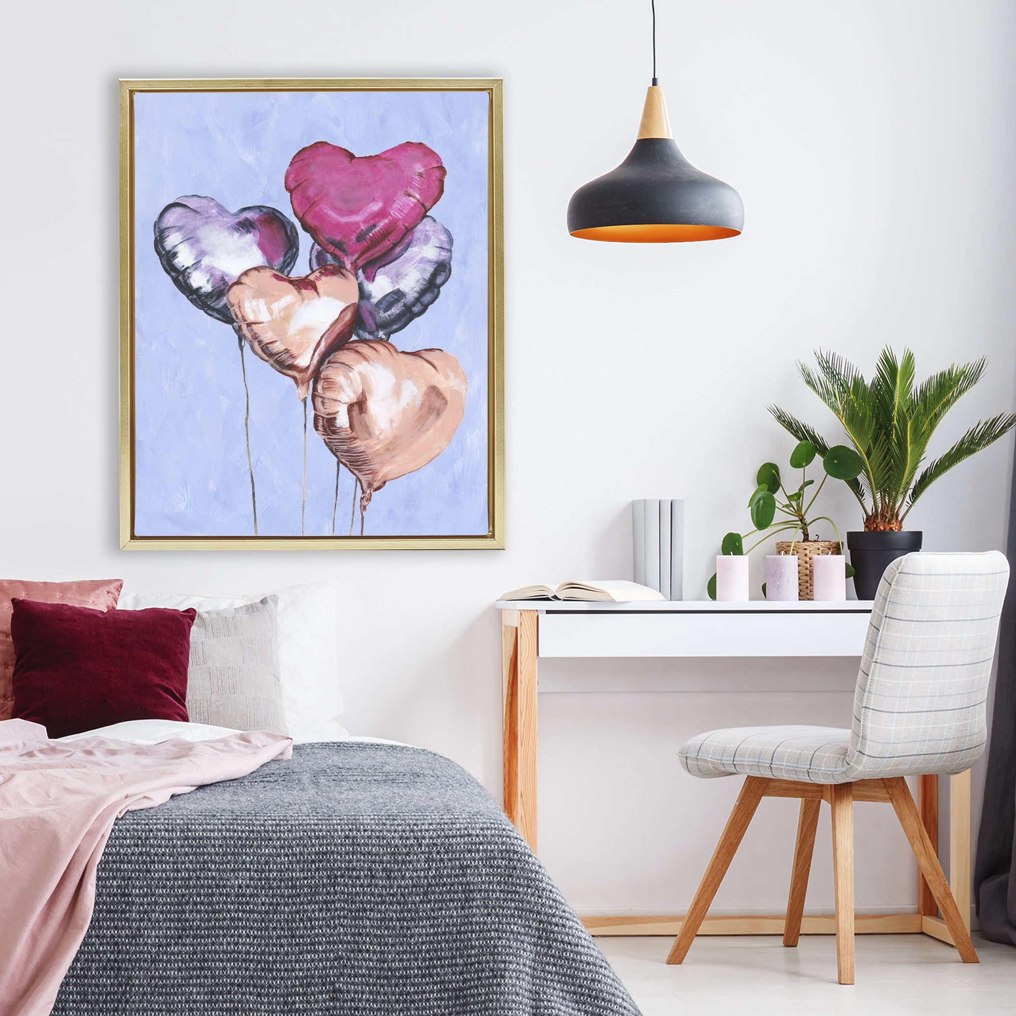 Stupell Industries Vibrant Heart Balloons Gold Framed Floater Canvas Wall Art, design by Michael Willett