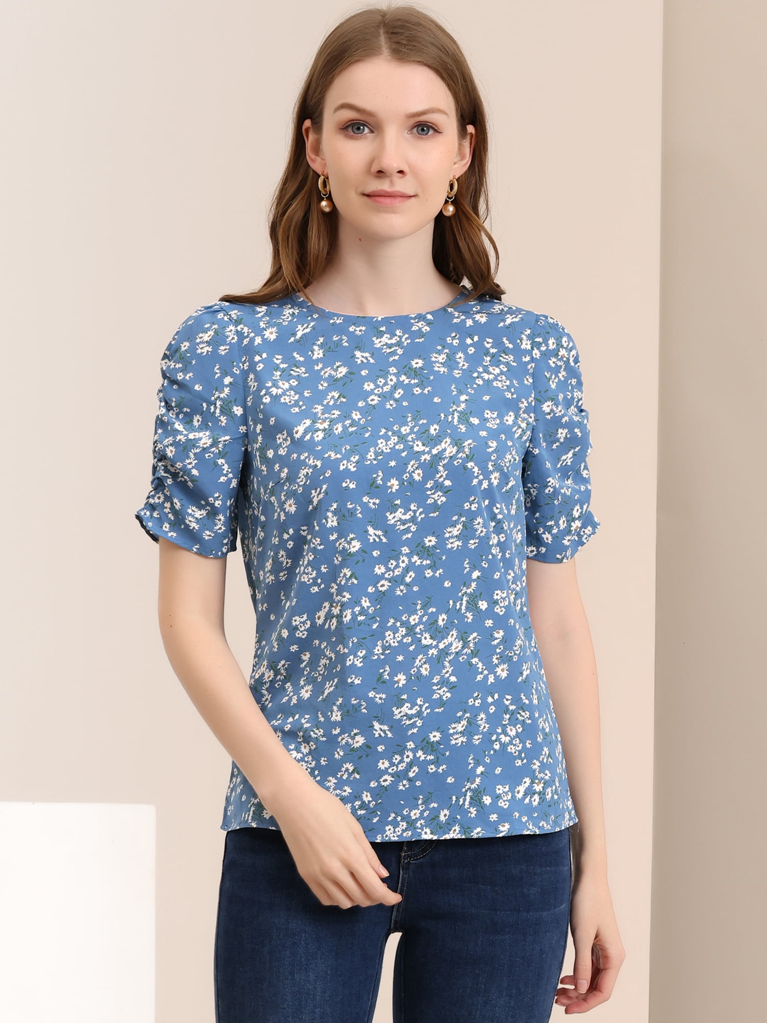 DARING DIVA Floral Crew Neck Shirred Short Sleeve Casual Top XL Blue White