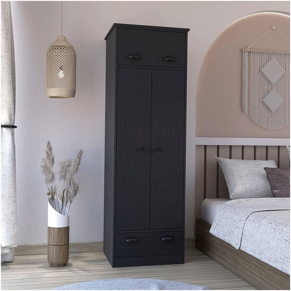 Freestanding Black Closet Organizer with Door, Shelves, Hanging Rod & Drawer
