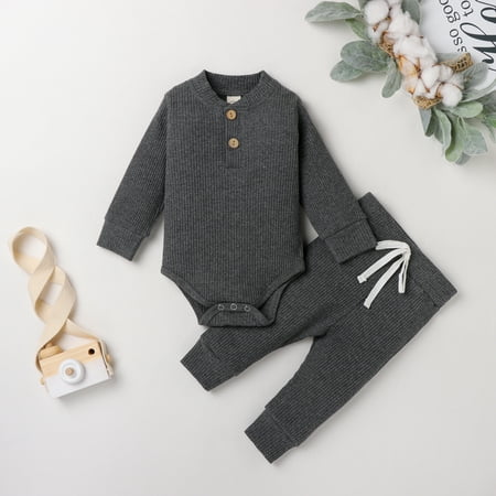 

Nokiwiqis Baby Knitting Round Collar Romper Buttons Top Lace-up Jogger Trousers