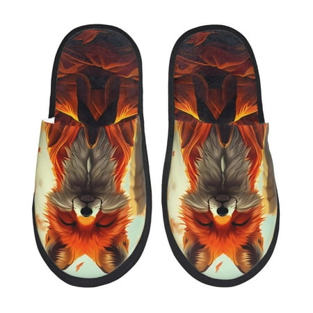 Balery Maple Leaf Meditating Fox Slient Indoor Furry Fleece Comfort House Shoes Soft Non-Slip Home Shoes Cotton slippers House Slippers-- Medium