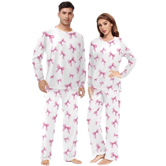 Matching Pajamas for Couples Pink Bow His and Hers Pajamas Sets Soft Long Sleeve Sleepwea