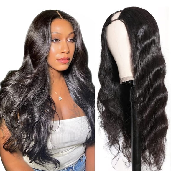 Tahikie U Part Human Hair Wig Body Wave 180% Density U Part Wig Brazilian Virgin Human Hair Wig for Black Women 10A Full Head Clip in Half Wig Gluele