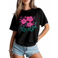 thumbnail image 5 of Women's T-Shirt Simple Cartoon Pink Flower Green Leaf Short Sleeve Casual Tee Classic Crew Neck T Shirt for Women Black, M, 5 of 7