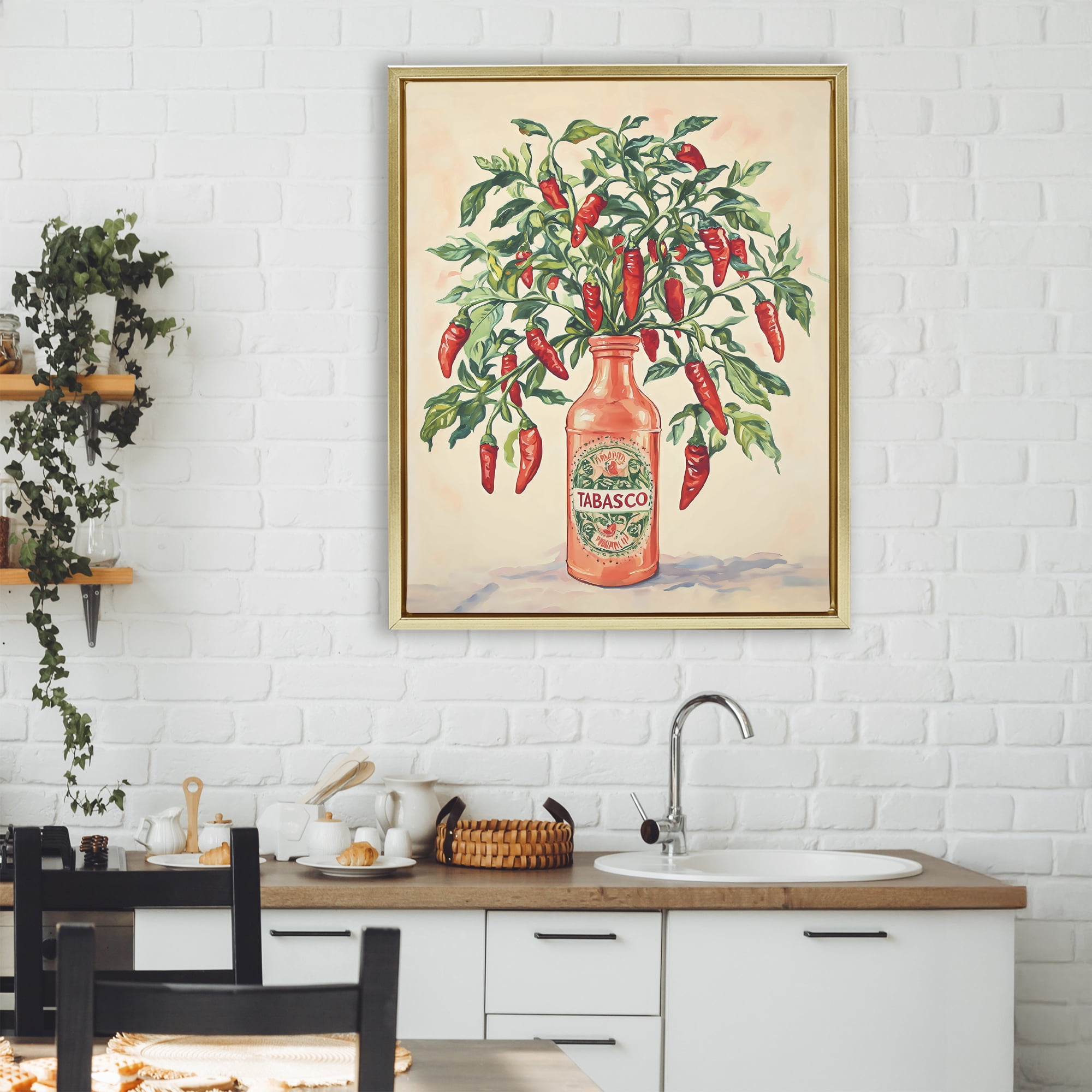 Stupell Industries Chili Peppers in Hot Sauce Vase Gold Framed Floater Canvas Wall Art, design by The Prints Vibe