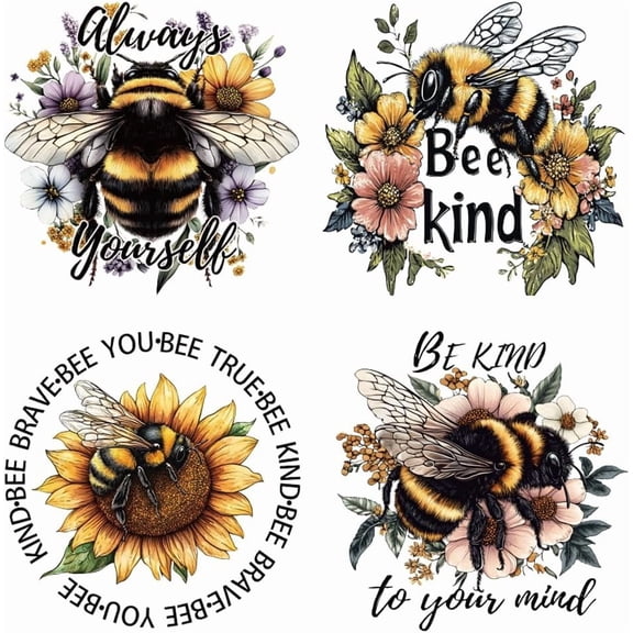4pcs Insect and Flower Heat Transfer Stickers Bee with Sunflower Iron on Transfers Iron on Patches Stickers Washable Heat Transfer Paper DIY