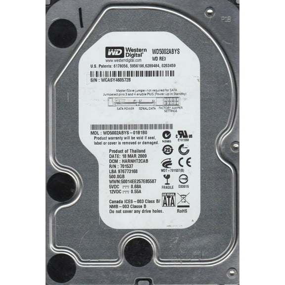 WD5002ABYS-01B1B0, DCM HARNHT2CAB, Western Digital 500GB SATA 3.5 Hard Drive