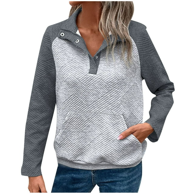 Annhoo Chandails en Molleton d'Automne pour Femmes Manches Longues Amples Demi-Bouton Hauts à Col Rabattu Pull à Blocs de Couleur Tendance