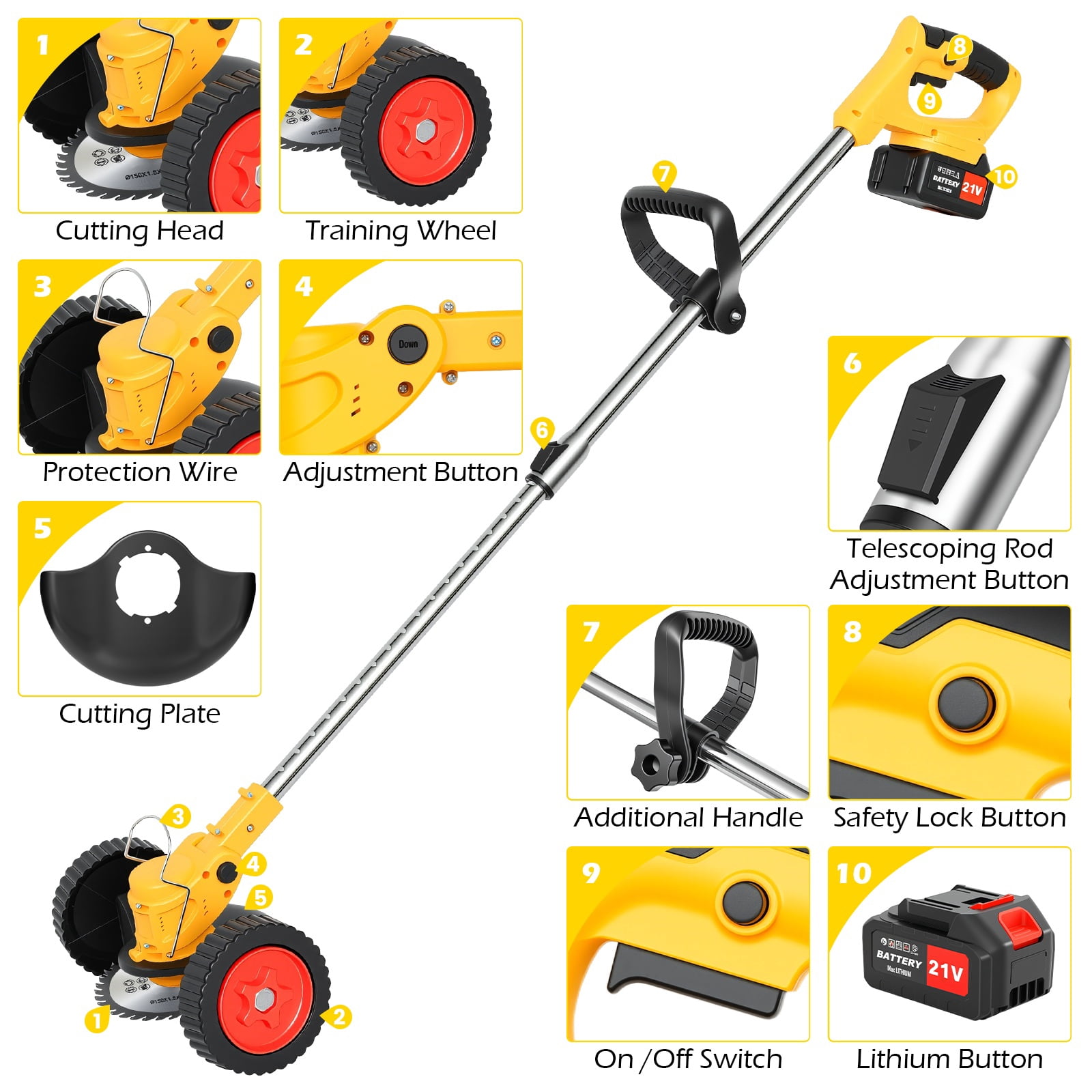 Weed Eaters, Cordless Weed Trimmer with Wheels, 2Pcs 4000mAh Batteries, Adjustable Length, 650W Grass Trimmer/Edger/Brush Cutter for Lawn Yard Garden Maintaining (Yellow)