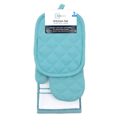 5 Pc. Bless This Home Blue Dish Towel Set,Blue Oven Mitt, 2 Towels,2 Pot  Holders