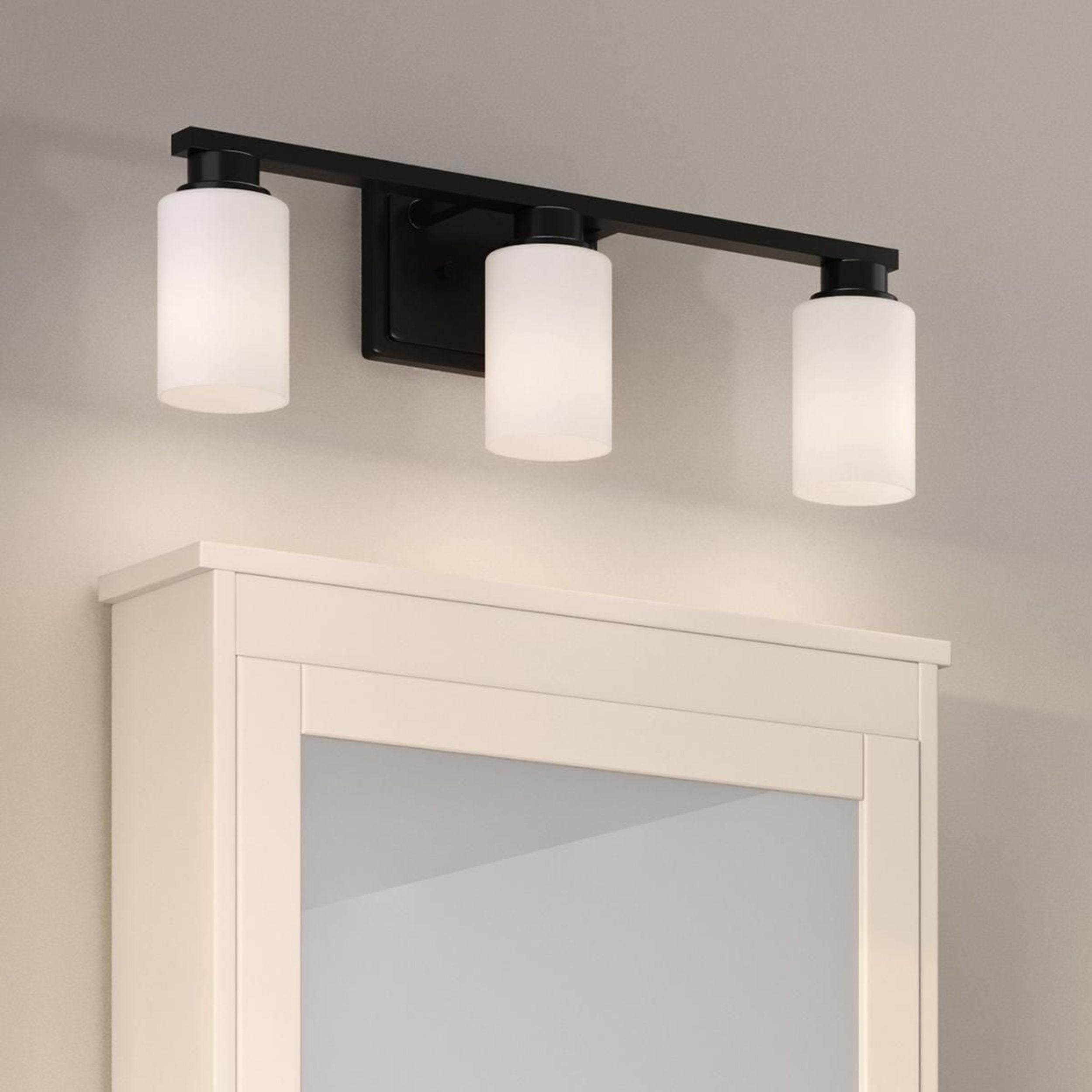Avec Zachary Collection Farmhouse 3-Light Matte Black Vanity Light with White Glass Shades