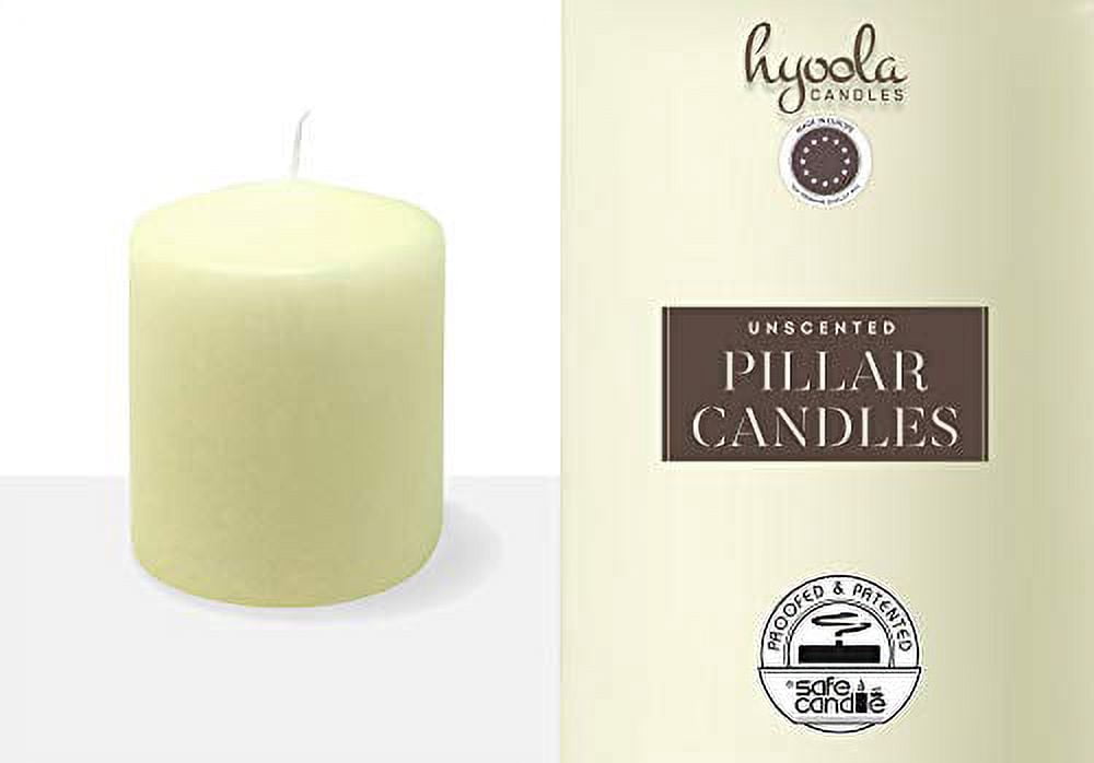 Hyoola 3 x 4 Ivory Unscented European Made Pillar Candles, Dripless Paraffin Wax with Smokeless Cotton Wicks, 6-Pack