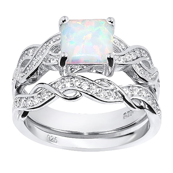 Sterling Silver 1.5 Carat White Opal Princess Cut Wedding & Engagement Bridal Ring Set for Women Size 5