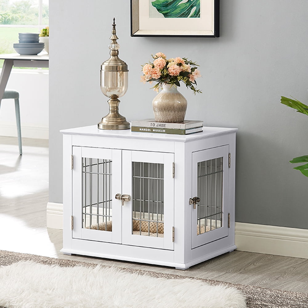 Unipaws Dog Crate Furniture with Cushion, Durable Pet Kennel, Small Dog House, White