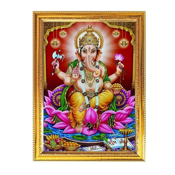 Ganpati Religious Photo Puja Room Temple Wall Hanging Gift Home Decor With Golden Frame For Worship 8.6 X 11