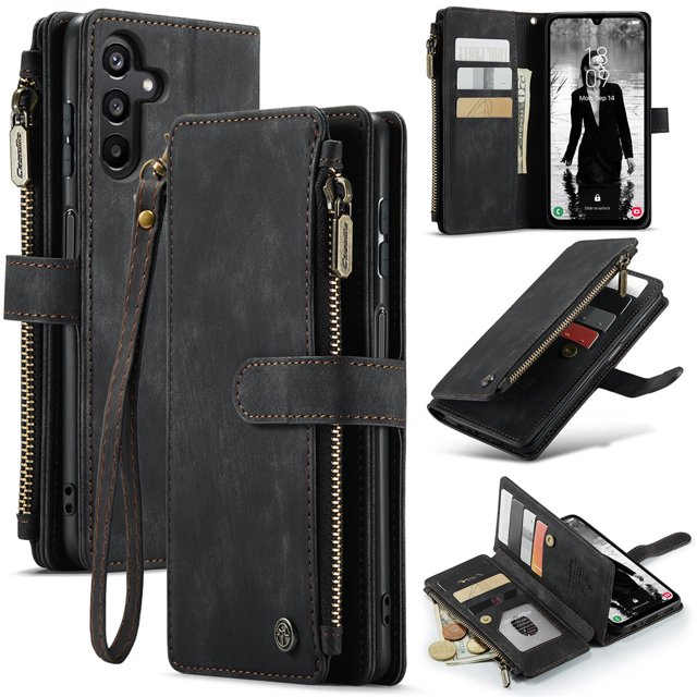 CaseMe Funda para Samsung Galaxy A15 Funda Tipo Billetera para Mujer y Hombres, Moda Duradera de Cuero de PU con Tapa Magnética Correa de Cordón Pulsera con Cierre Tarjetero Cartera Funda para Teléfono para Samsung Galaxy A15 6.5", Negro