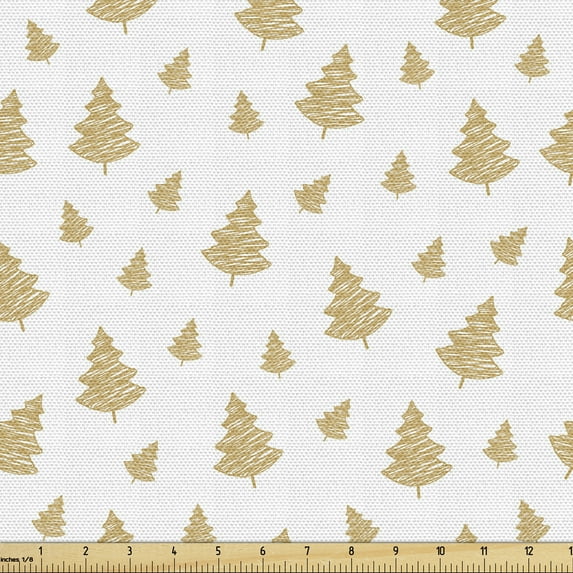 Forest Fabric by the Yard, Woodland Pine Trees Merry Christmas Noel Foliage Yule Happiness Doodle, Upholstery Fabric for Dining Chairs Home Decor Accents, Pale Brown and White by Ambesonne