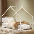 thumbnail image 3 of Euroco Metal  Twin Size House Bed with LED Lights, Floor Bed with Roof Design, White, 3 of 12