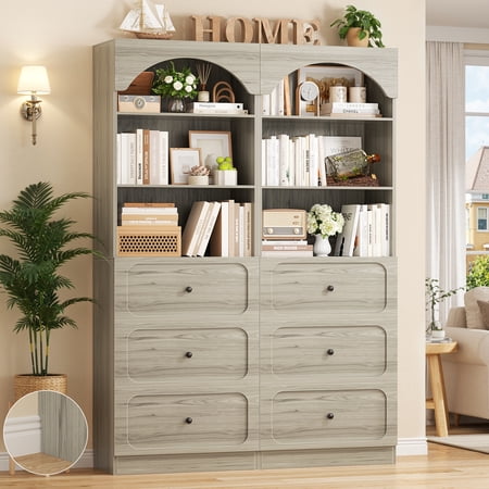 Aheaplus 80" Arched Wooden Bookcase Set of 2 - 6-Tier Open Shelves & 6-Drawer Storage Organizer Cabinet, Wall-Mounted Design for Living Room, Office, Home Library,White Oak