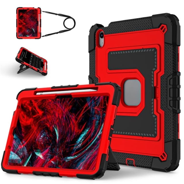 Funda para iPad Air 11 2025 / 2024, Silicona Anti-caída + Capa Protectora de PC con Soporte Grande Oculto, Correa para el Hombro, Funda Protectora Resistente a Golpes y Tres Pruebas para Tablet, Rojo