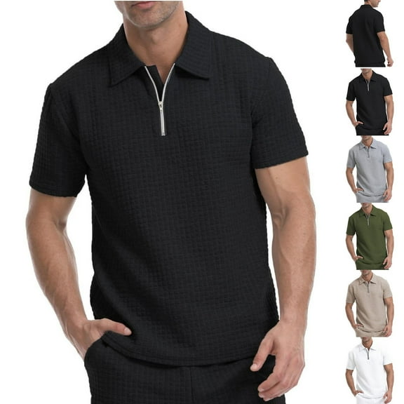 Fnooota Mens Polo Shirts with Collar, Casual Zipper Short Sleeve 2025 Summer Shirts Black Size 3XL