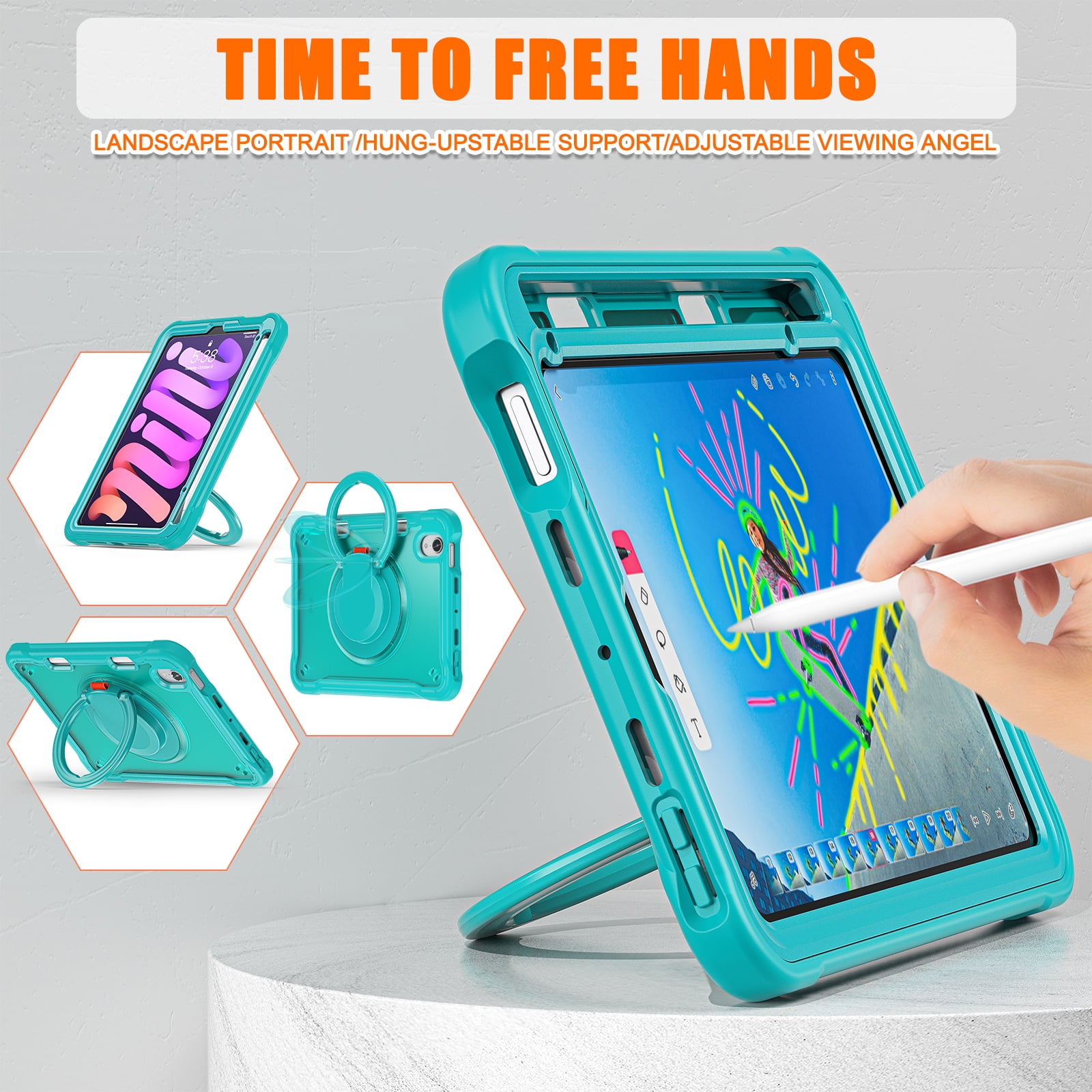 Dteck Case for iPad mini (A17 Pro) 8.3 inch 2024 / iPad mini 6th Generation,Military Grade Shockproof TPU Protective Cover for Kids with Stand -Grip Handle - Shoulder Strap - Pencil Holder,Blue