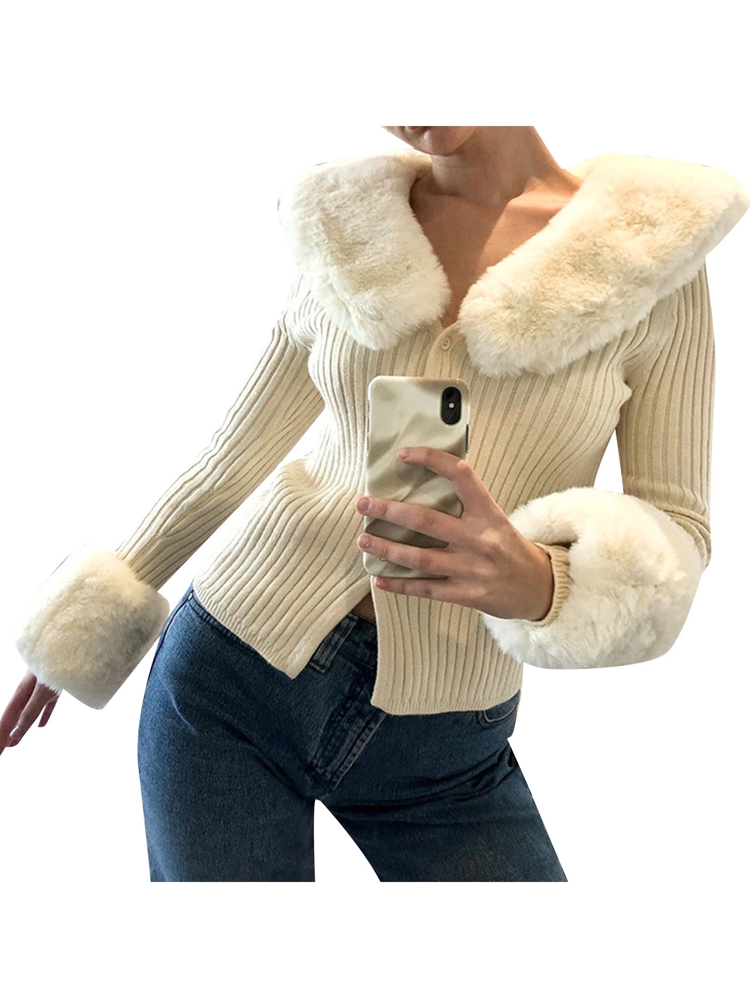 Women Fur Collar Cardigan Sweater Fluffy Long Sleeve Knitted Chic Sweater  Coat Ribbed Crop Tops Faux Fur Trim Collar Cuffs at  Women’s Clothing