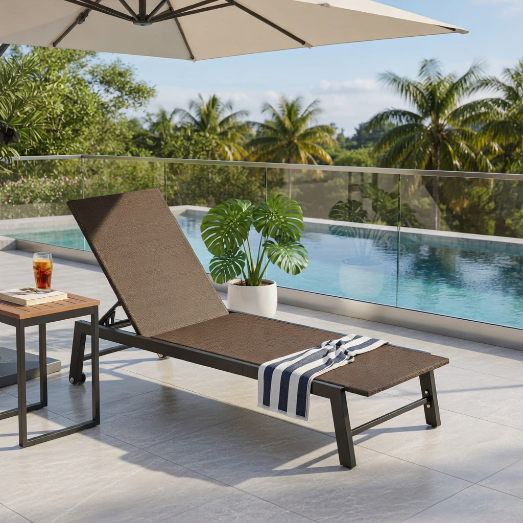 Hommoo Adjustable PE Wicker Chaise Lounge Chair with Wheels， Heavy-Duty 400 lb Capacity for Poolside, Patio, Backyard & Deck, Brown