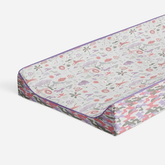 Bacati - Muslin Quilted Changing Pad Cover, Jungle Safari Lilac/Coral