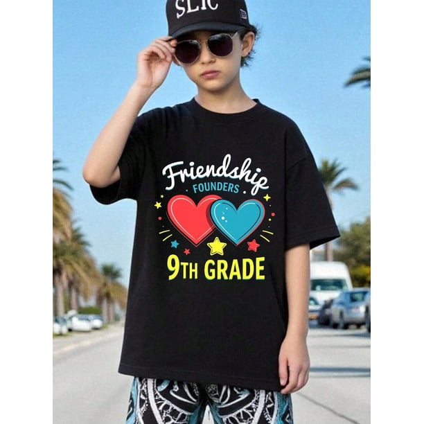 Boys/Girls Friendship Theme Back To School Cotton Graphic Tees, Black Casual Style Summer Tops With Heart And Star Pattern, Gift For First Day Of School