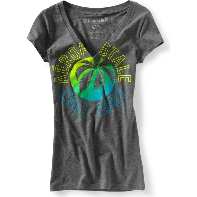Aeropostale - Camiseta gráfica para mujer con cuello en V brillante Aero Ny 87, gris, XS