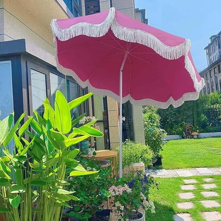 6ft pink patio umbrella Beach Umbrella with Fringe 6ft Pink Boho Patio Umbrella UV50+ Sun  Protection, Tiltable & Waterproof