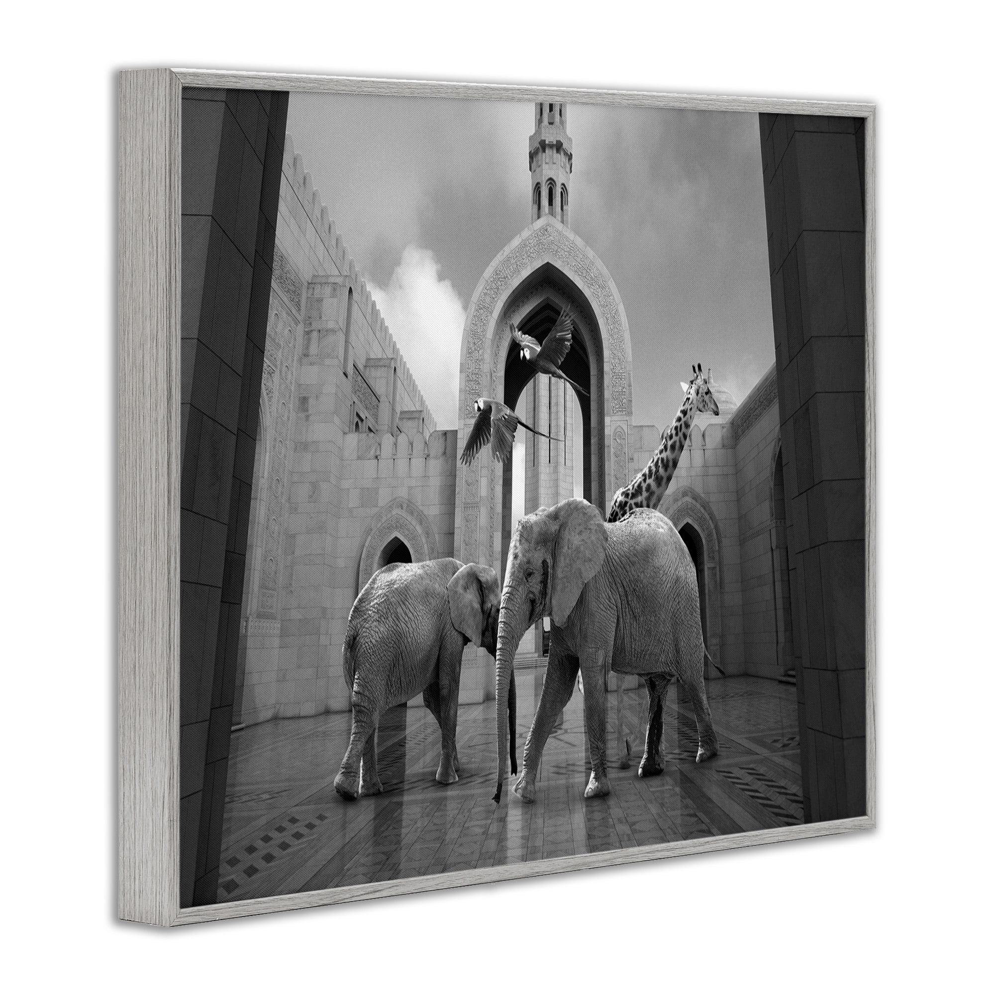 Stupell Industries Safari Animals In Arabesque Architecture Parrots Elephants Giraffe Framed Wall Art Design by Ziwei Li, 11" x 14", Gray Framed
