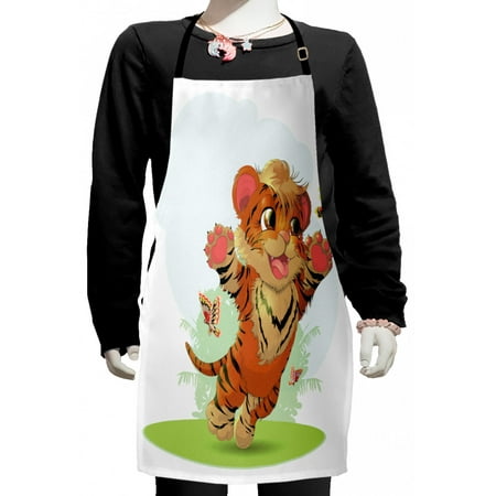 

Cartoon Kids Apron Cub Playing with Butterflies in the Meadow Joyful Lively Baby Tiger Cat Boys Girls Apron Bib with Adjustable Ties for Cooking Baking Painting Orange Cream Green by Ambesonne