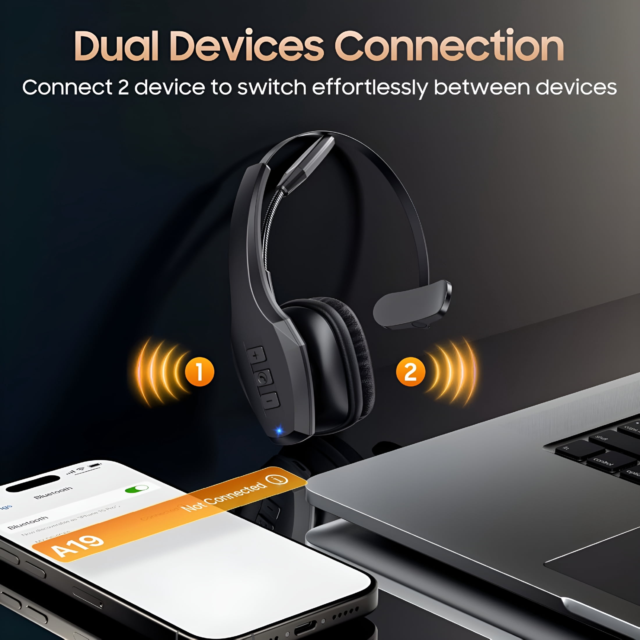 GJX Bluetooth Headset,Wireless Headset with Mic,Bluetooth Headsets with Dual Noise Cancelling Microphone & Mute Button,55Hrs Working Time PC Headsets for Cell Phones,Computer