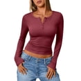 thumbnail image 5 of HHVB Women's Fall Long Sleeve Henley T Shirts Button Ribbed Knit Slim Fit Basic Tops Blouse Casual Outfits, 5 of 6