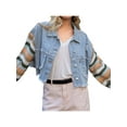thumbnail image 5 of Seyurigaoka Women Denim Coat Button-Down Crop Tops Spring Autumn Contrast Color Striped Pattern Jackets Long Sleeve Turn-Down Collar Pockets Outwear, 5 of 8
