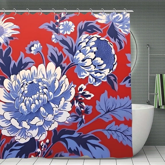 Red And Blue Chinoiserie Floral Shower Curtain 70.8x70.8 Inch,Bathroom Shower Curtain,Home Waterproof Fabric Shower Curtain Bathtub Decor with Hooks