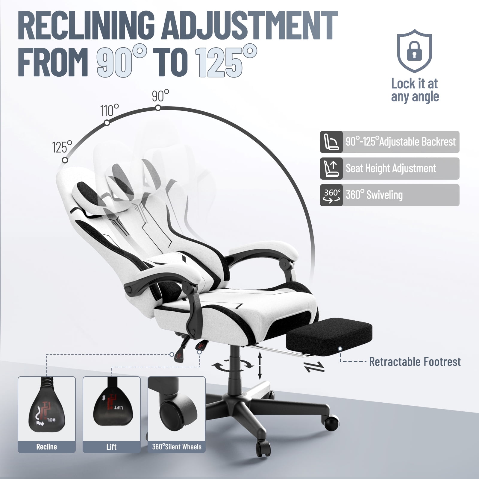 SOONTRANS Gaming Chair for Adults, Leather Office Chair with Footrest & Massage Lumbar Support, High Back Gamer Game Chairs, White/Black