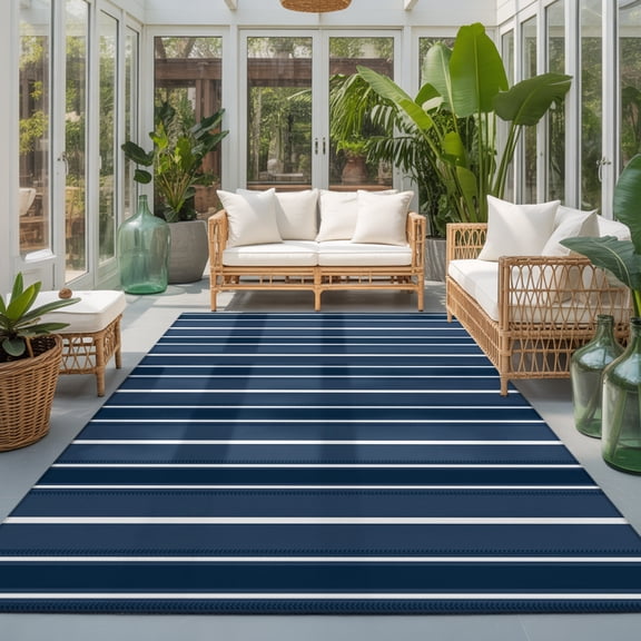 Blue White Striped Washable Living Room Rugs 5'x8', Solid Navy Blue White Stripes Rustic Minimalist Washable Throw Large Area Rug Non-Slip Sturdy Edge Binding Carpet for Living Area Kitchen Office
